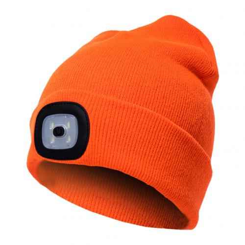 BrightBeam LED Knit Hat - Light-Up Knitted Beanie with Button Cell Power Orange C