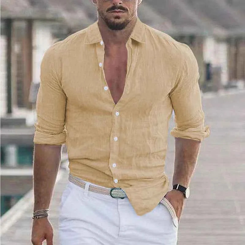 Men's Linen Shirt with Classic Turn-Down Collar Khaki
