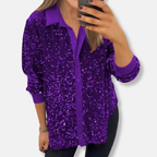 Women's Relaxed Fit Sequin Blouse with Button Closure – Festive Shine Purple