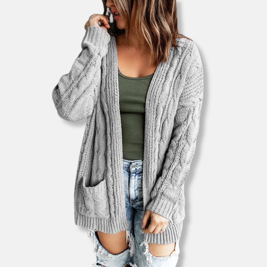 Women's Relaxed Fit Cable Knit Cardigan with Open Front and Pockets - Wool Blend Grey