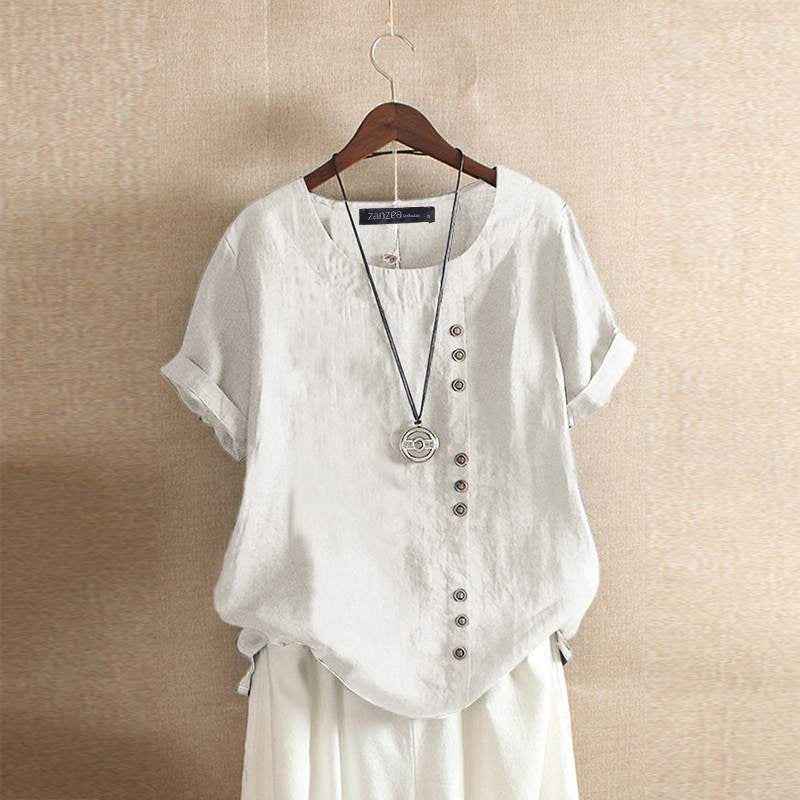 Women's Short Sleeve Button-Up Linen Blouse White