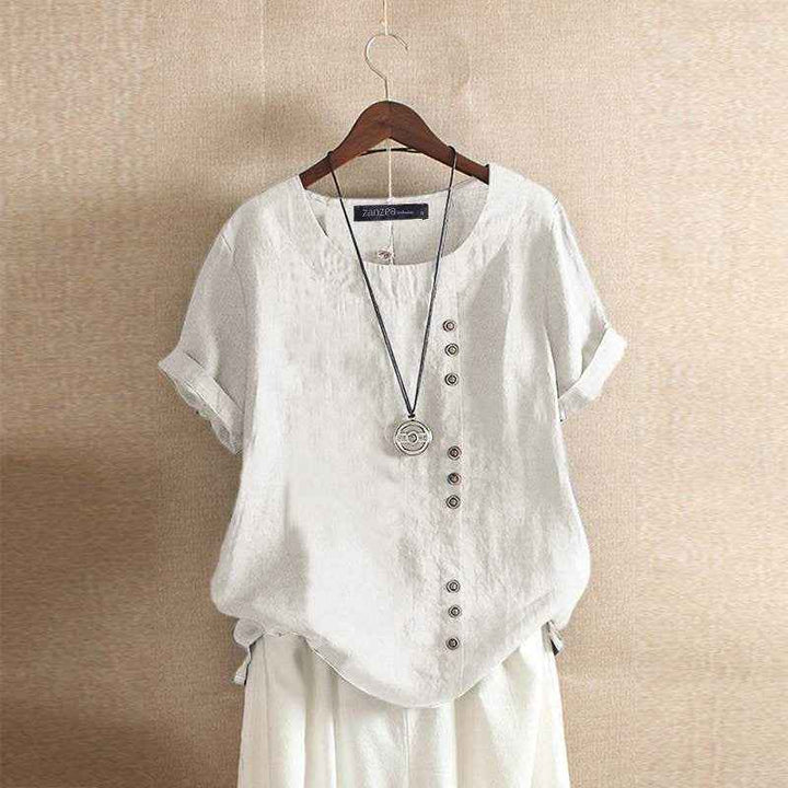 Women's Short Sleeve Button-Up Linen Blouse White