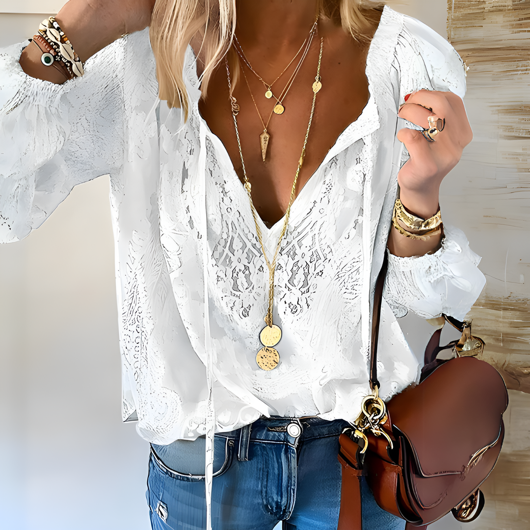 Women's Loose Fit Blouse - Lace Detail V-Neck with Tie - Lightweight Fabric White