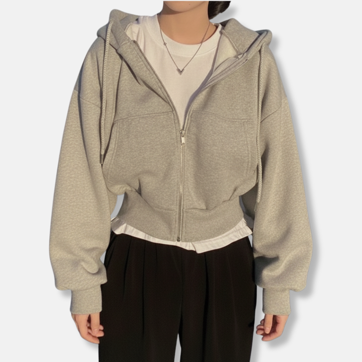 Women's Oversized Fleece Hoodie with Zipper and Kangaroo Pocket – Casual Style Grey Dotted
