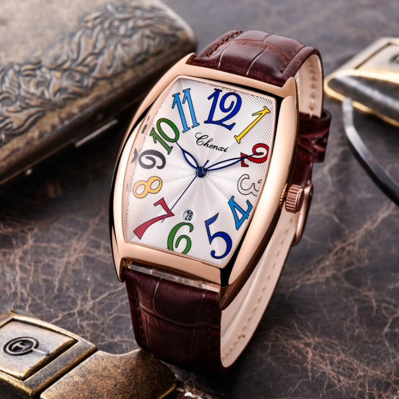 Elegant Leather Timepiece Brown Gold Multicolored