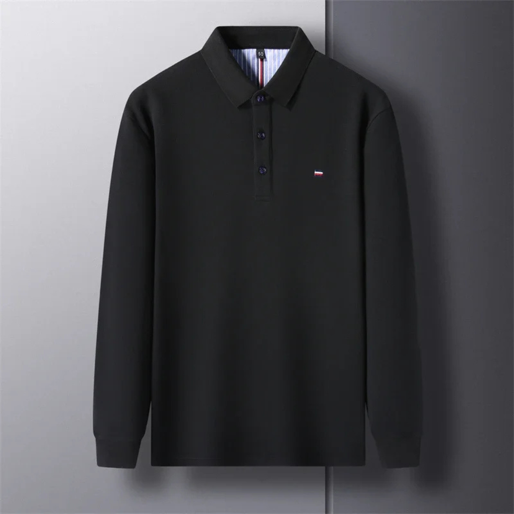 Men's Long Sleeve Polo Shirt with Embroidery - Comfortable & Breathable Black