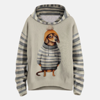Women's Relaxed Fit Hoodie – Fleece Feel with Cartoon Dog Print & Striped Sleeves Grey