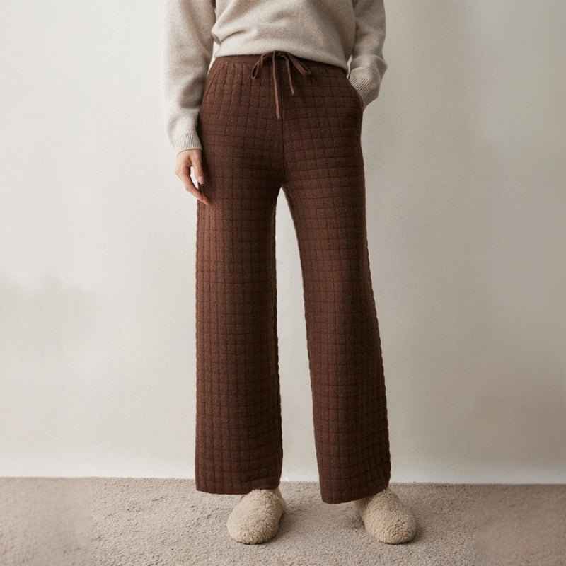 Women's Relaxed Fit Quilted Wide Leg Pants with Drawstring Brown
