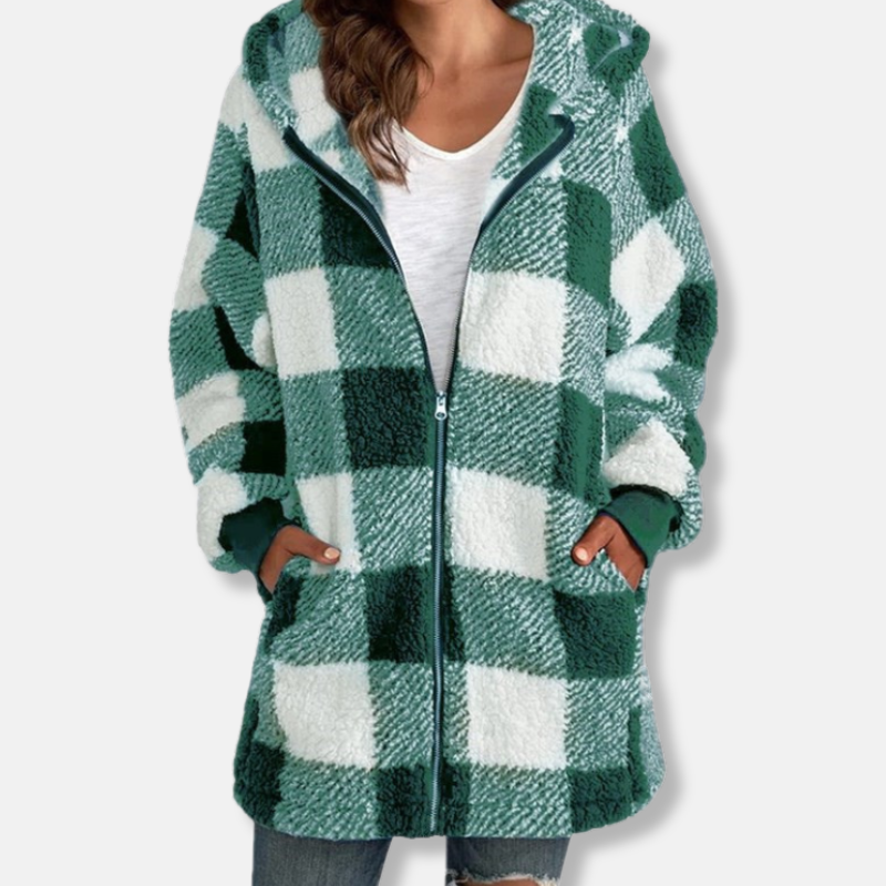 Women's Oversized Checked Hoodie – Soft Knit with Hood and Zipper Light Green