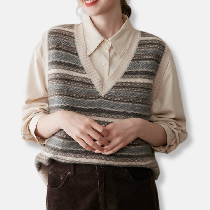 Women's Fair Isle Ribbed Trim Relaxed Fit Vest Beige