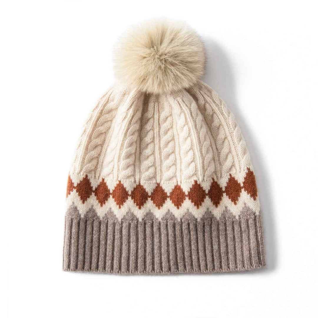 Cozy Cable Knit Beanie with Fur Pom-Pom Beige