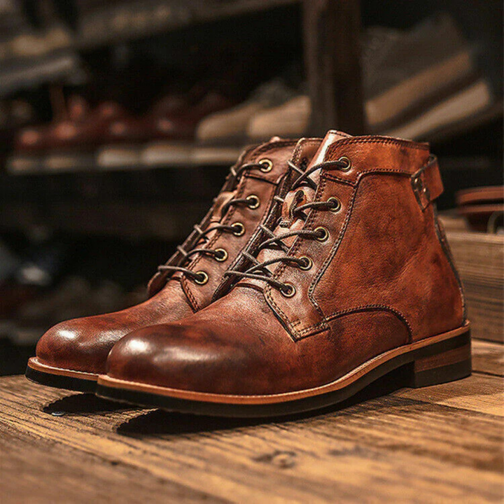 Men's Vintage Lace-Up Ankle Boots | Round Toe Design Brown