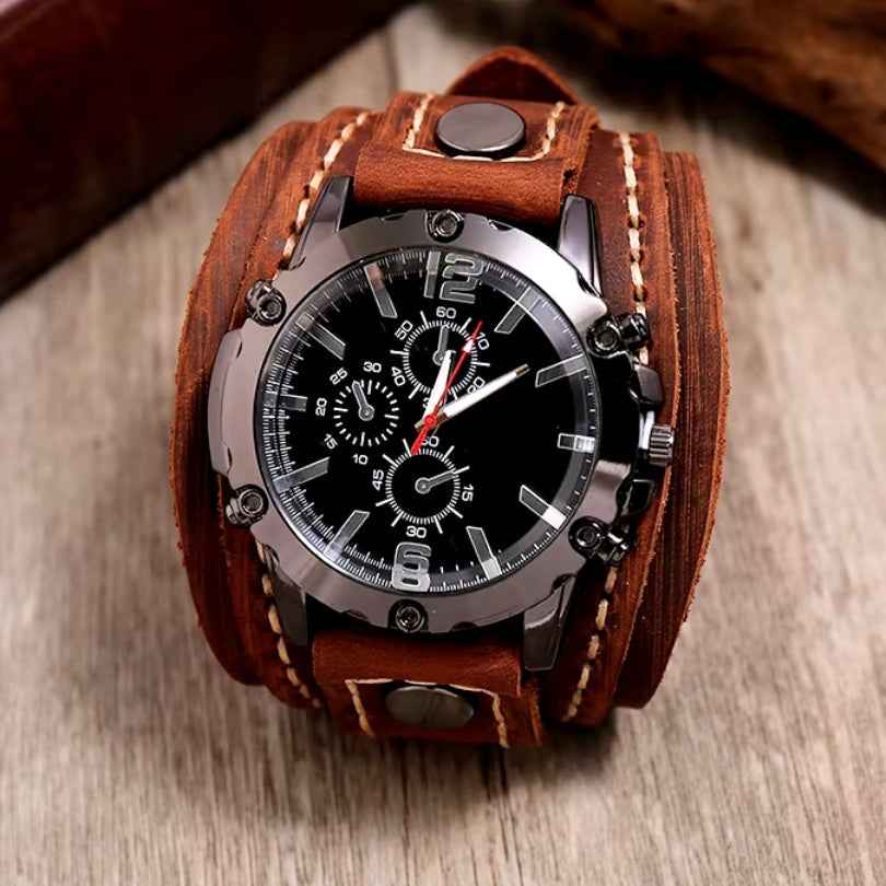 Men's Leather Watch with Rugged Armor Design Brown