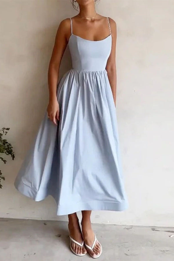 Evira | Women's Midi Evening Dress with U-Neck and Flared Skirt Blue
