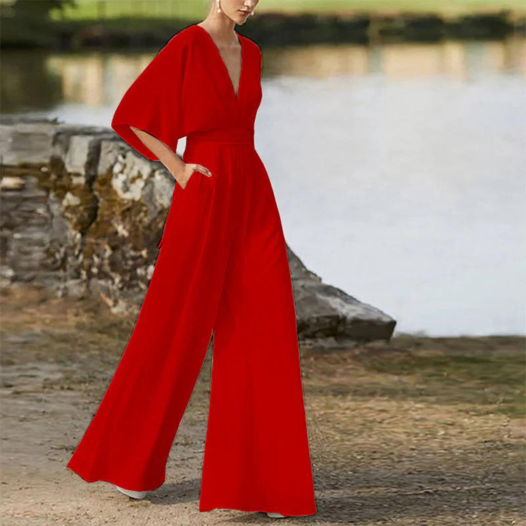 Women's Relaxed Fit Jumpsuit – Deep V-Neck, Half Sleeves, Wide Legs – Breathable Design Red