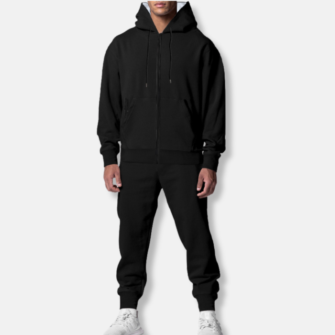 Men's Relaxed Fit Tracksuit – Zip-Up Hoodie with Pockets – Ribbed Cuffs Black