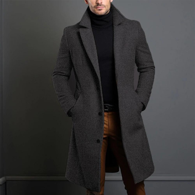 Men's Wool Blend Overcoat - Tailored Fit, Classic Lapel, Long Cut, Button Closure Grey