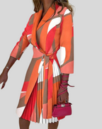 Women's Midi Dress - Pleated Skirt - Asymmetrical Design - Elegant Style Printed Orange