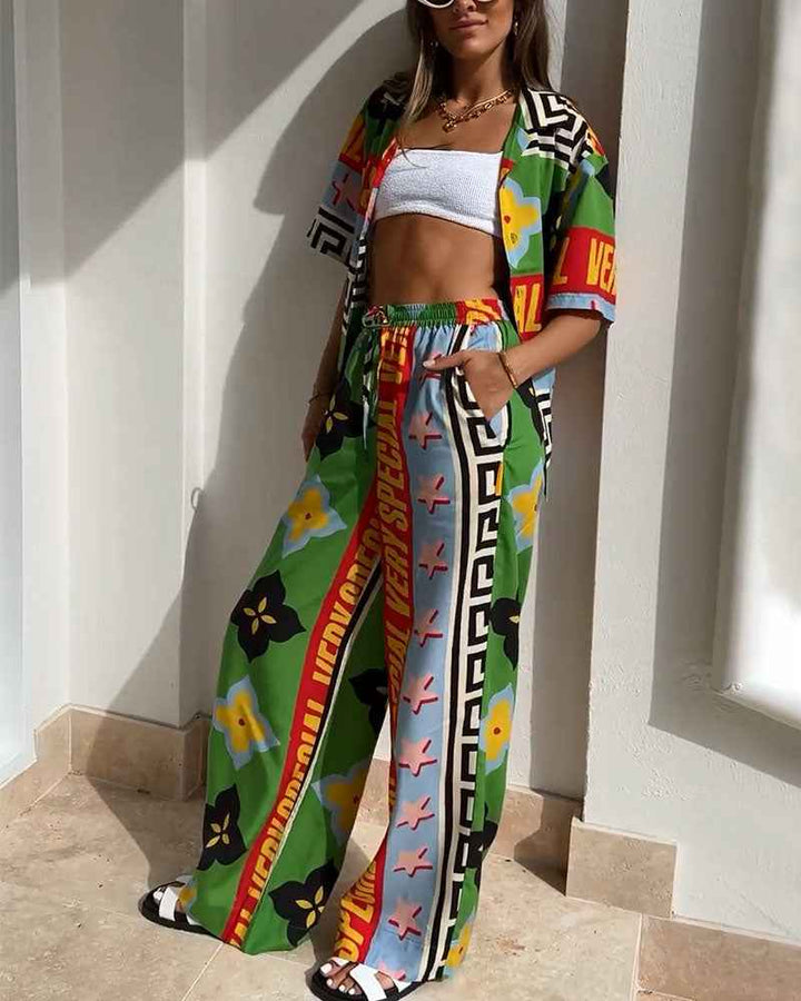 Women's Graphic Print Co-ord Set – Short Sleeve Blouse & Wide High Waist Pants