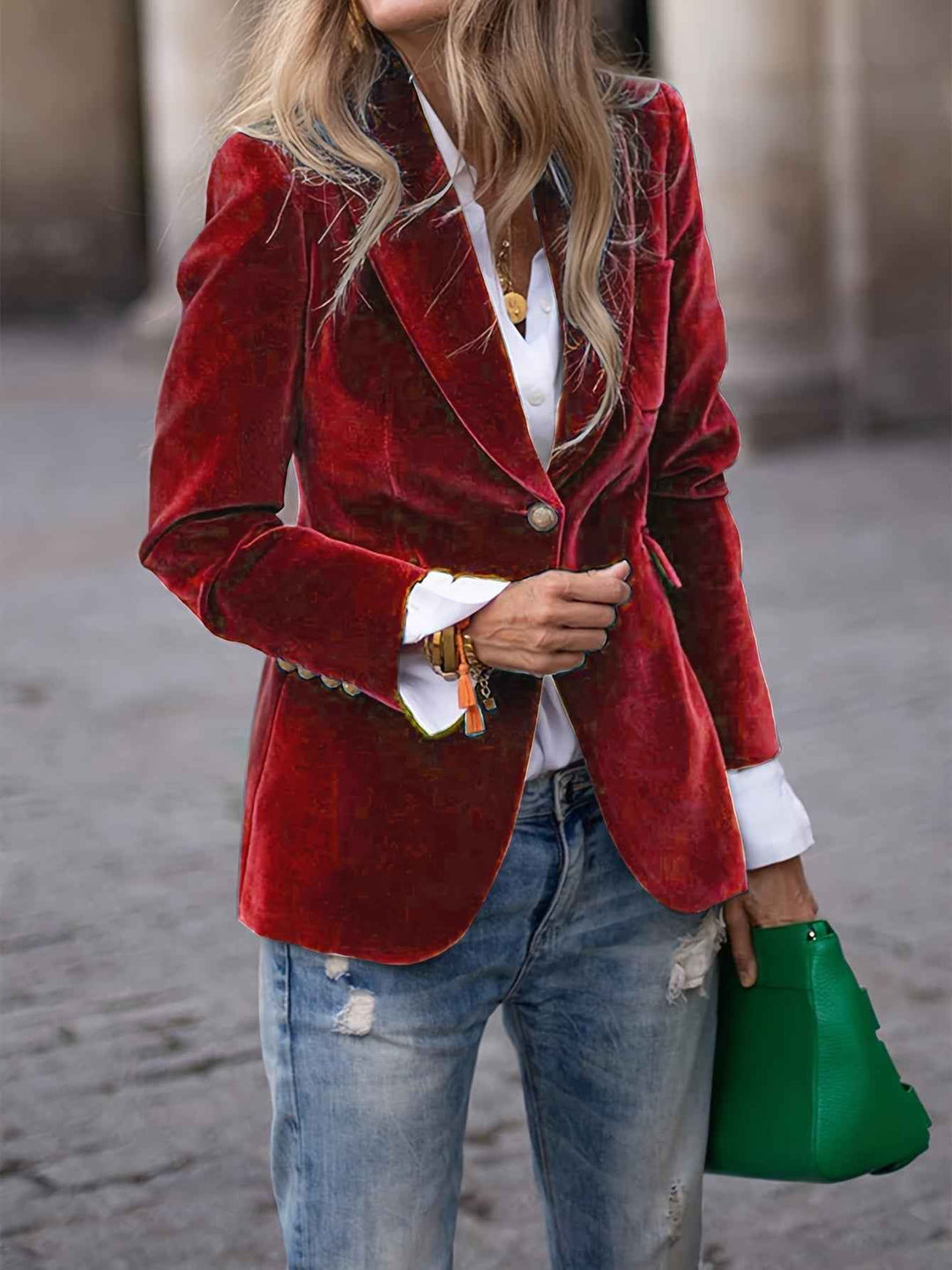 Women's Velvet Blazer - Stylish and Elegant Outerwear Dark Red