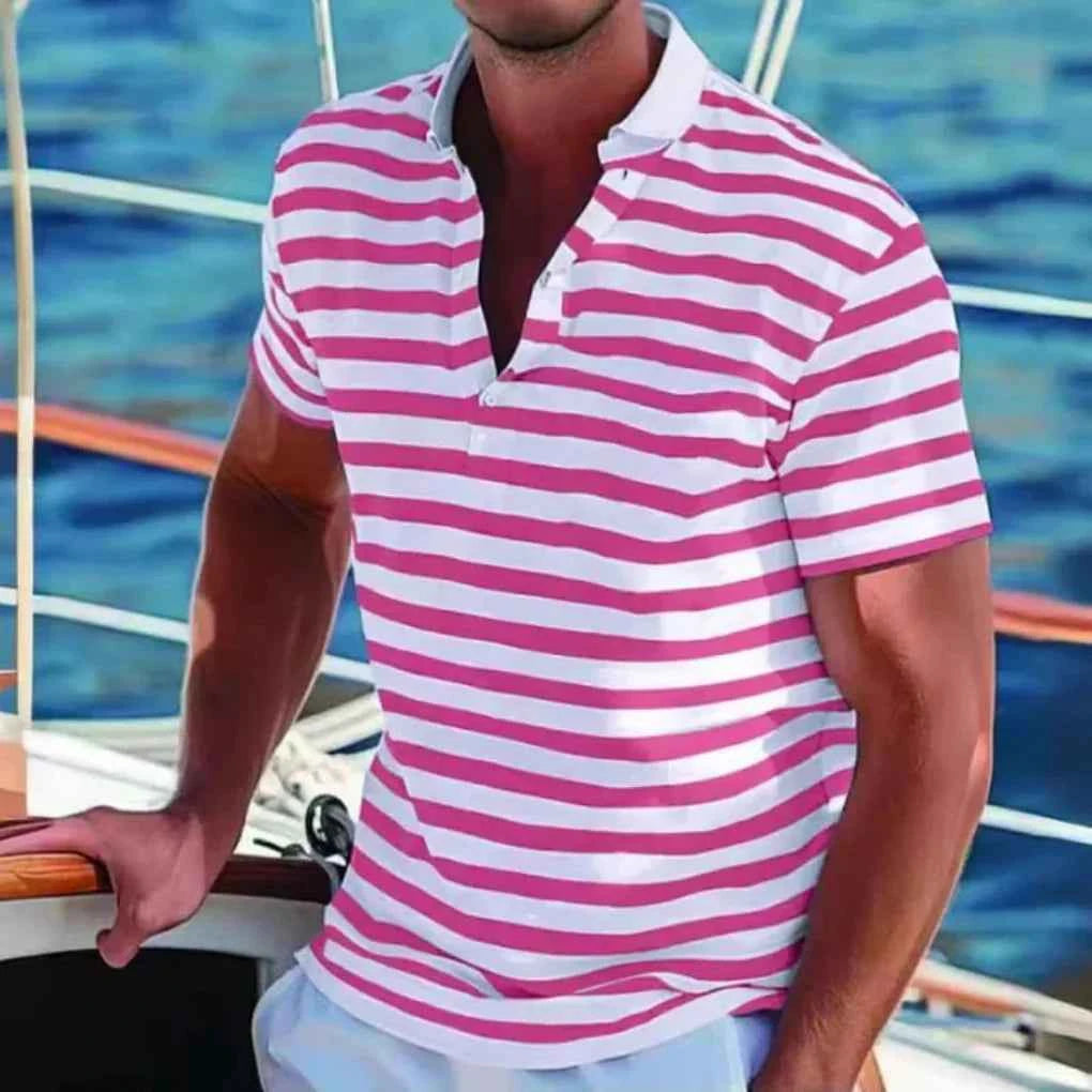Men's Retro Striped Casual Polo Shirt Pink