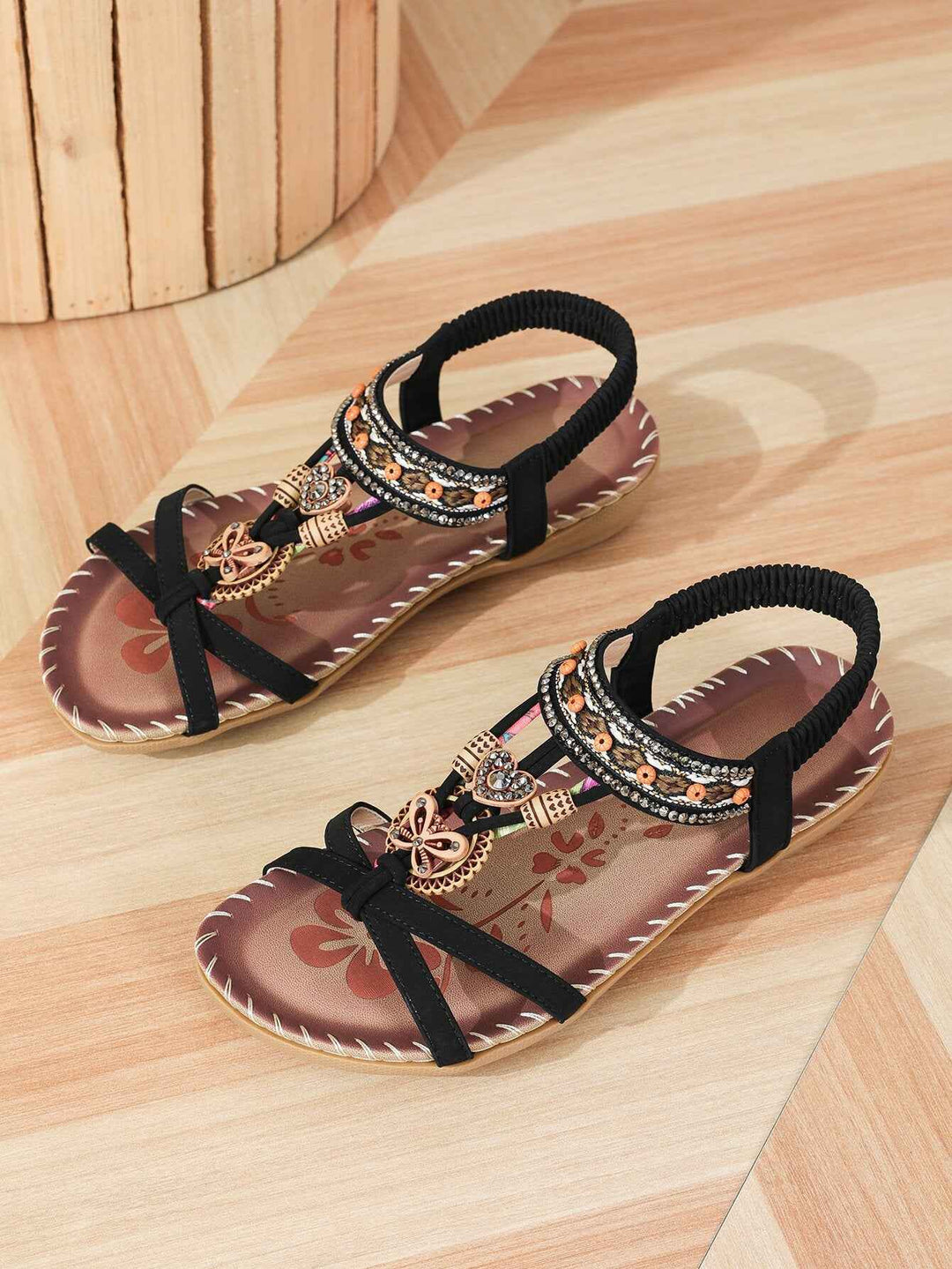 Women's Large Size Flat Bottom Flower Rhinestone Sandals Black