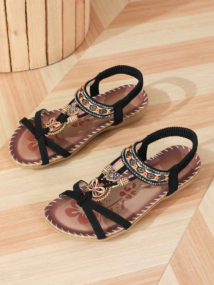 Women's Large Size Flat Bottom Flower Rhinestone Sandals Black