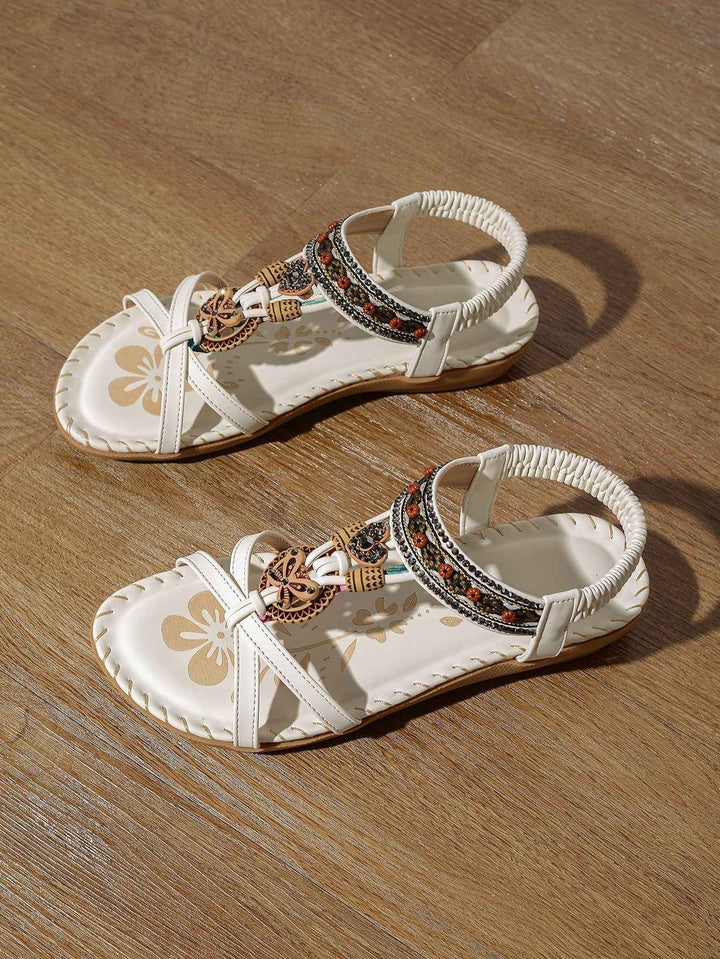 Women's Large Size Flat Bottom Flower Rhinestone Sandals Beige