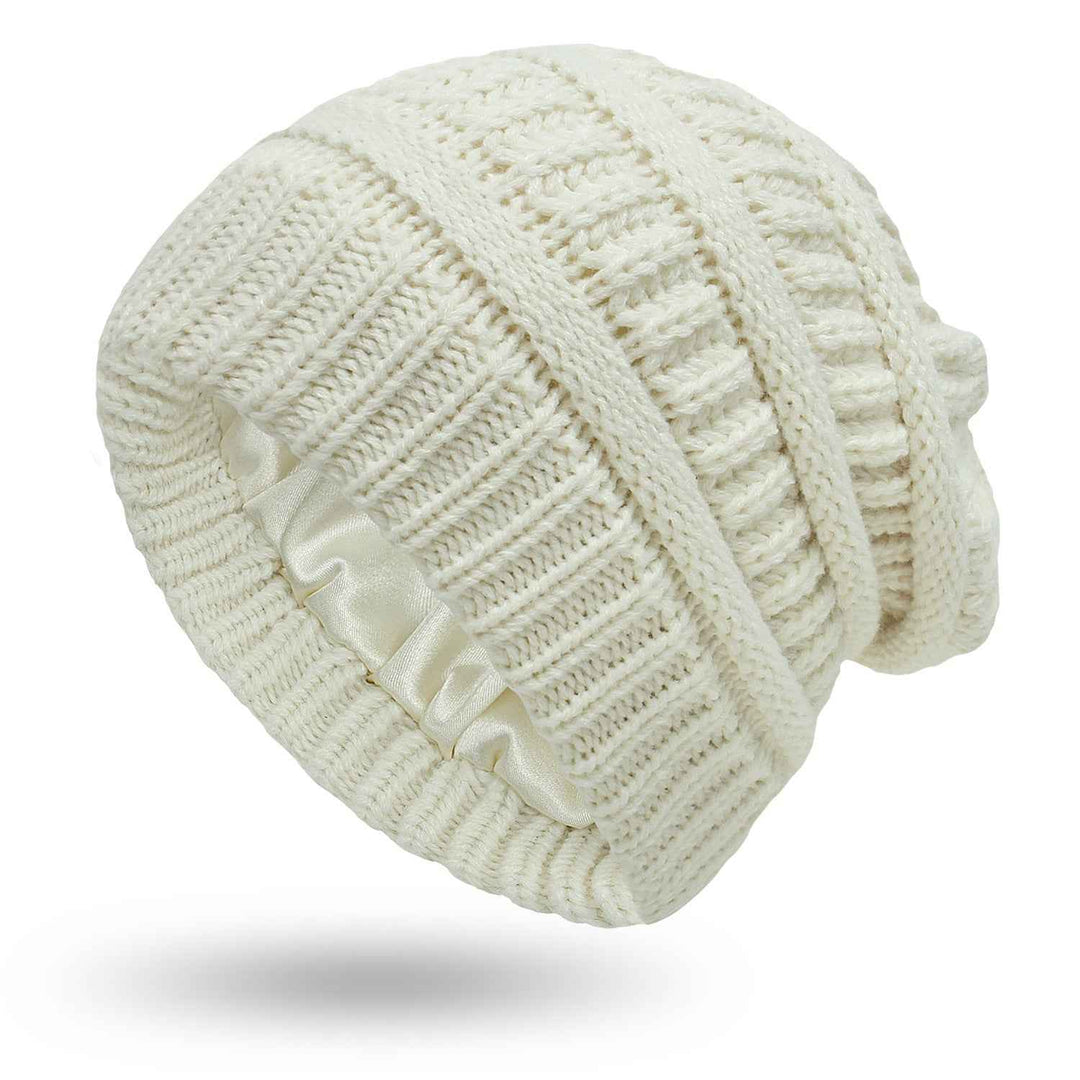 Warm Woolen Knit Satin Hats for Women's Protective Hairstyles White One size
