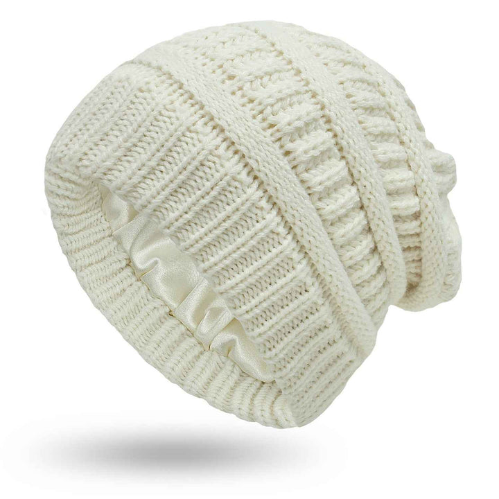 Warm Woolen Knit Satin Hats for Women's Protective Hairstyles White One size