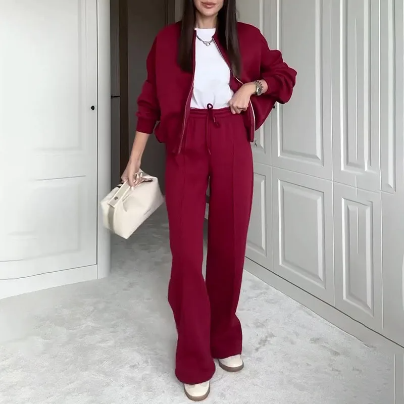 Women's Oversized Zipper Sweatshirt & High Waist Wide-Leg Pants Lounge Set - Comfortable Fit Red