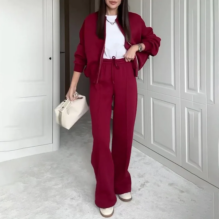 Women's Oversized Zipper Sweatshirt & High Waist Wide-Leg Pants Lounge Set - Comfortable Fit Red