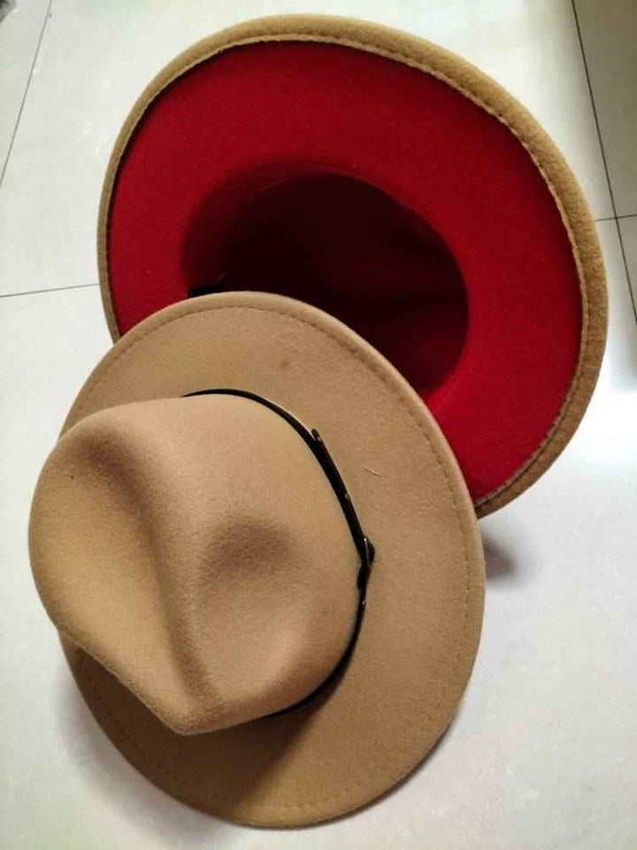 Stylish Color-Block Fedora Hat for Trendy Jazz Lovers Camel inner red M
