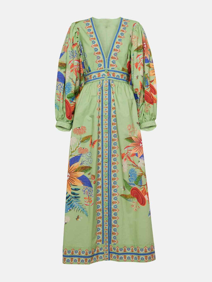 Women's Floral V-Neck Midi Dress with Single Breasted Design