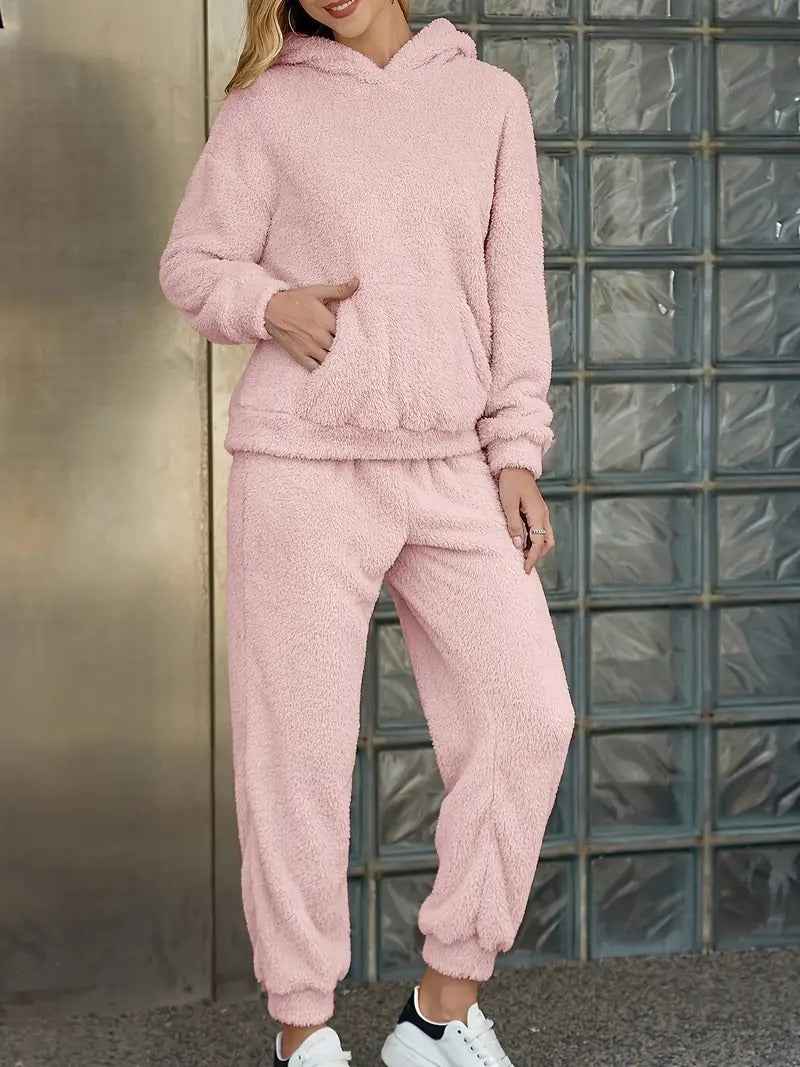 Women's Fleece Loungewear Set – Comfortable Hoodie and Pants – Loose Fit Homewear Pink