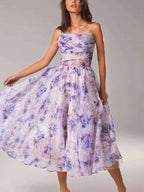 Women's Floral Print A-Line Midi Dress with Spaghetti Straps – Chiffon Look Violet