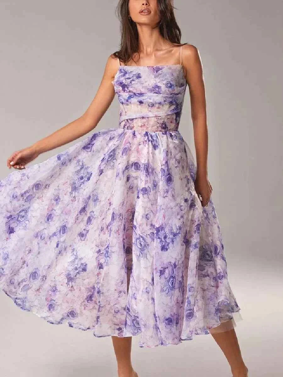 Women's Floral Print A-Line Midi Dress with Spaghetti Straps – Chiffon Look Violet
