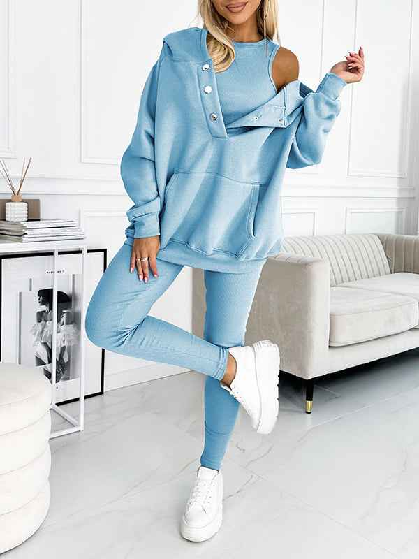Women's Relaxed Fit Hoodie & High Waist Leggings Loungewear Set – Comfortable Casual Wear Light Blue