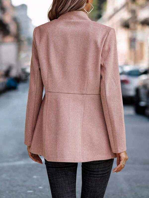 Women's Tailored Herringbone Blazer - Open Front with Flap Pockets