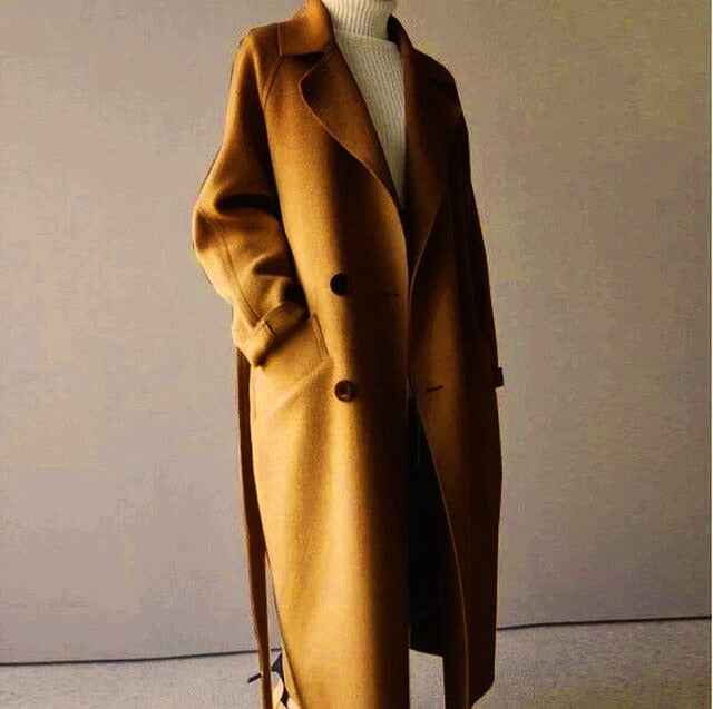 Women's Oversized Wool Blend Coat – Long Double-Breasted Classic Style Light Brown