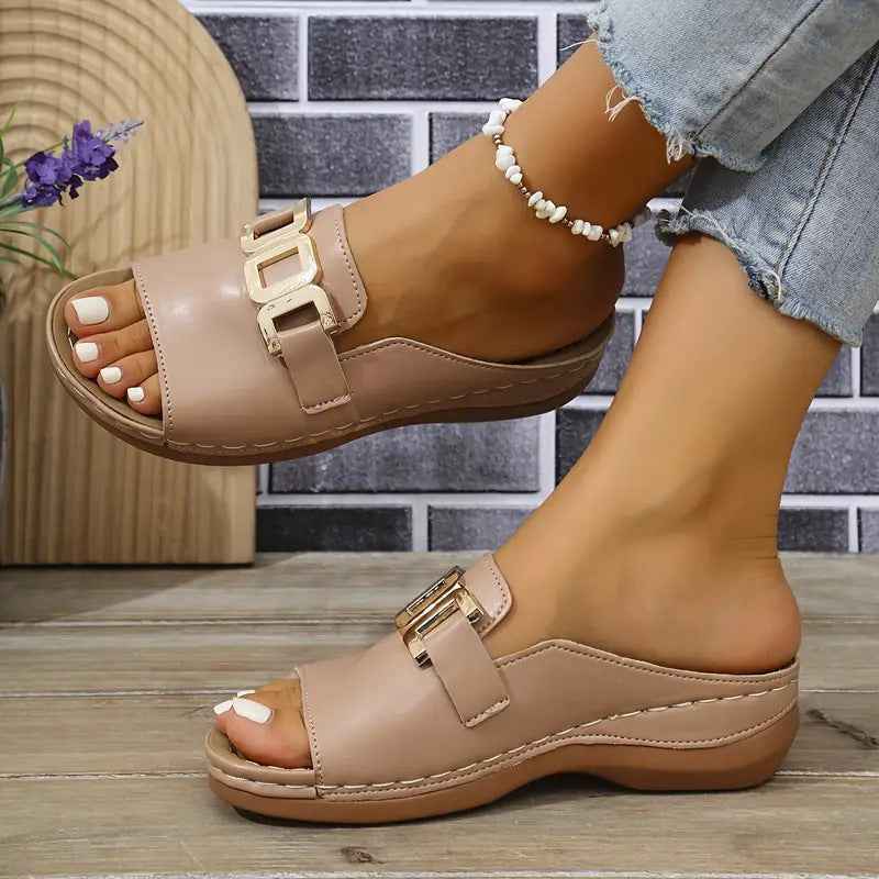 Ins Chain Wedges Sandals Summer Fashion Platform Peep-toed Slides Slippers Outdoor Thick Bottom Roman Shoes For Women Lotus Root Color