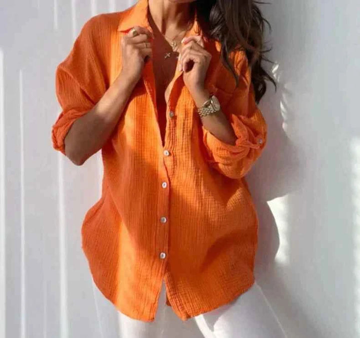 Women's Casual Blouse - Relaxed Fit - Long Sleeves - Natural Fibers - Button Closure Orange