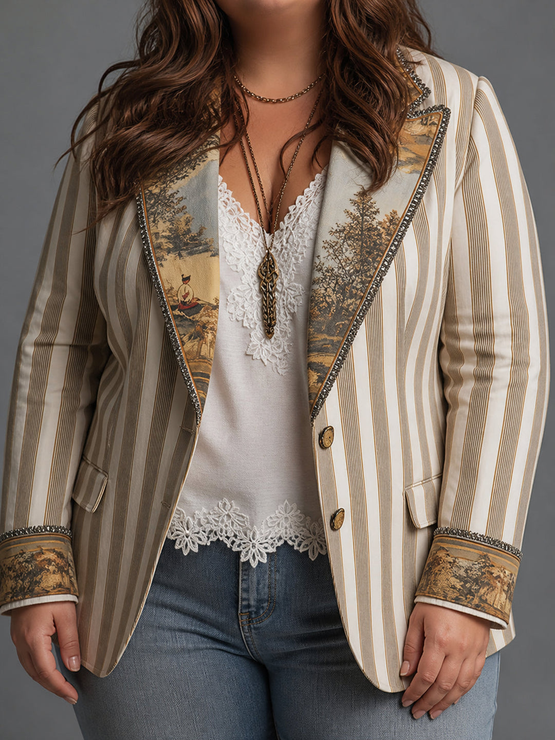 Women's Pinstripe Relaxed Blazer Jacket with Printed Lapel