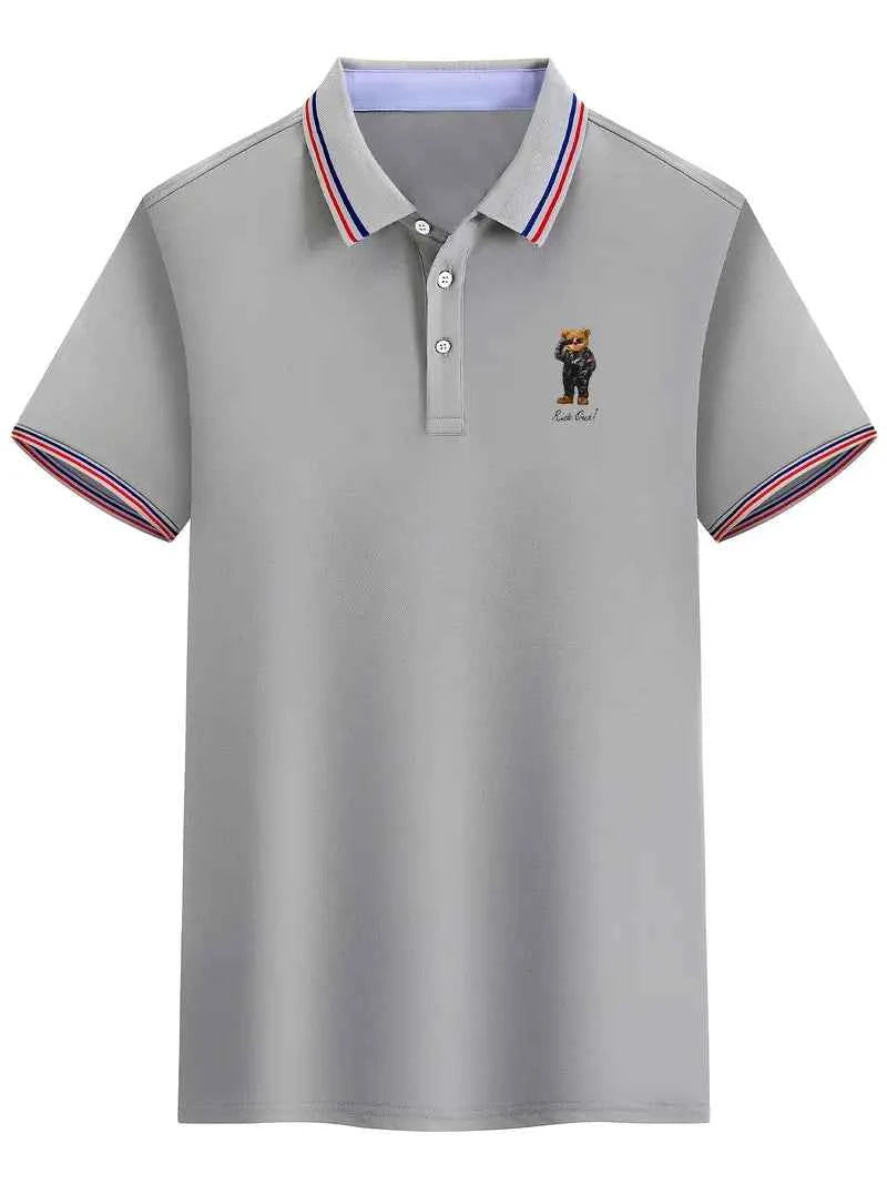 Men's Bear Print Polo - Comfort & Luxury Grey