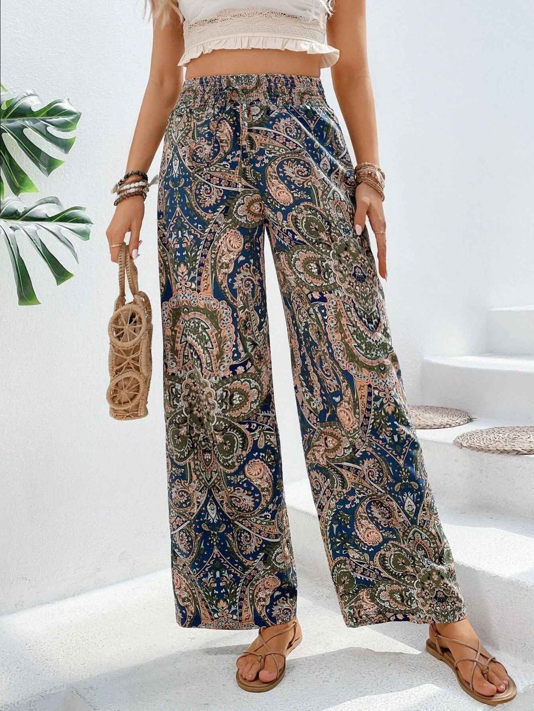 Women's Bohemian Wide-Legged Trousers with Slanted Pockets Dark Blue