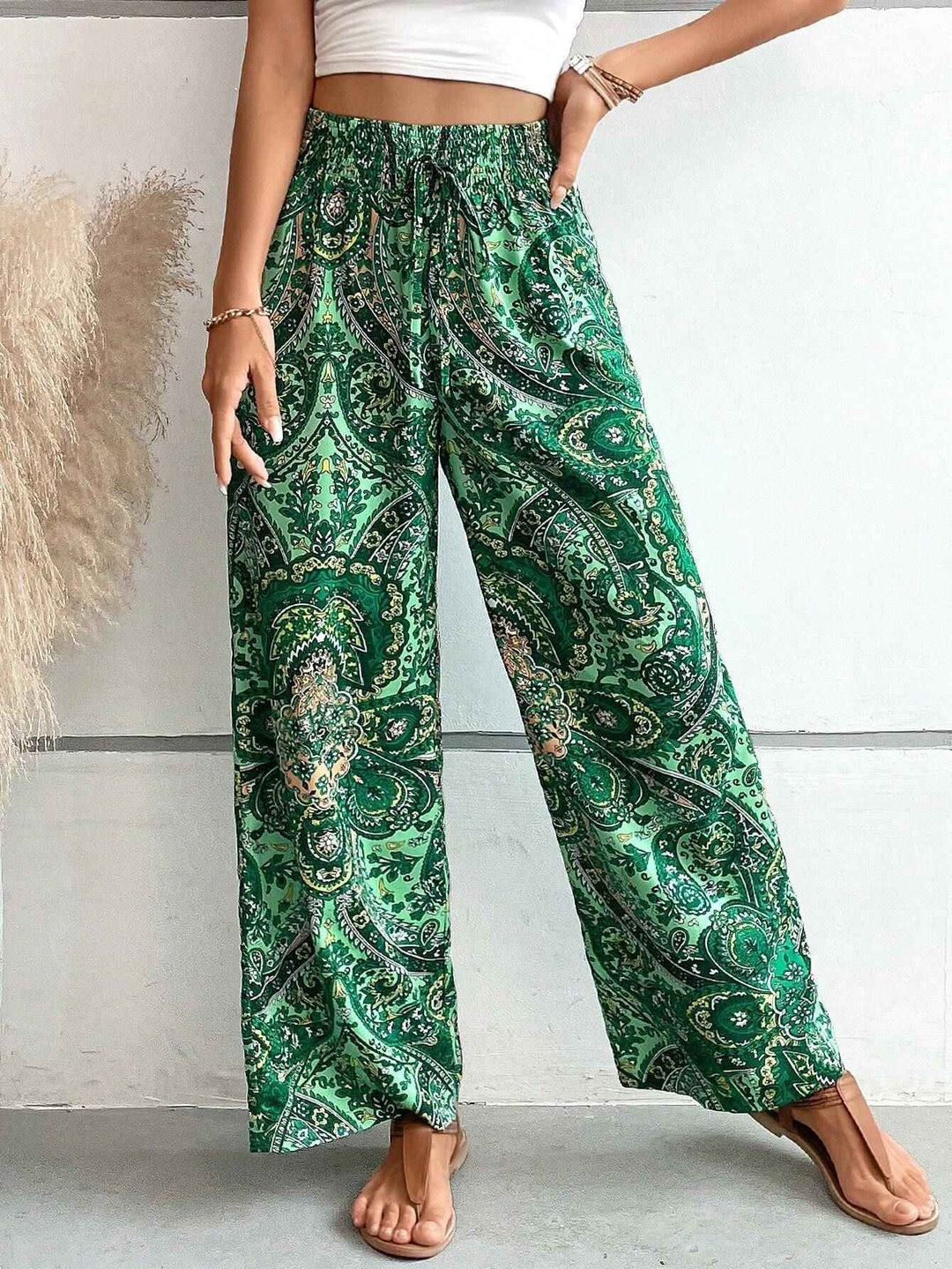 Women's Bohemian Wide-Legged Trousers with Slanted Pockets Green