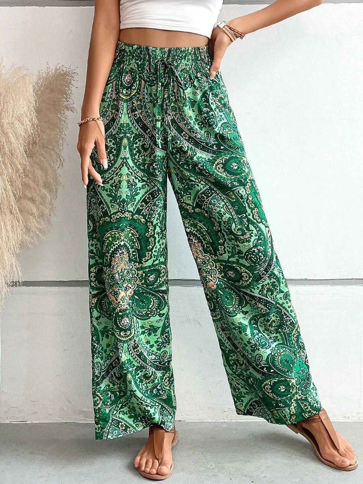 Women's Bohemian Wide-Legged Trousers with Slanted Pockets Green