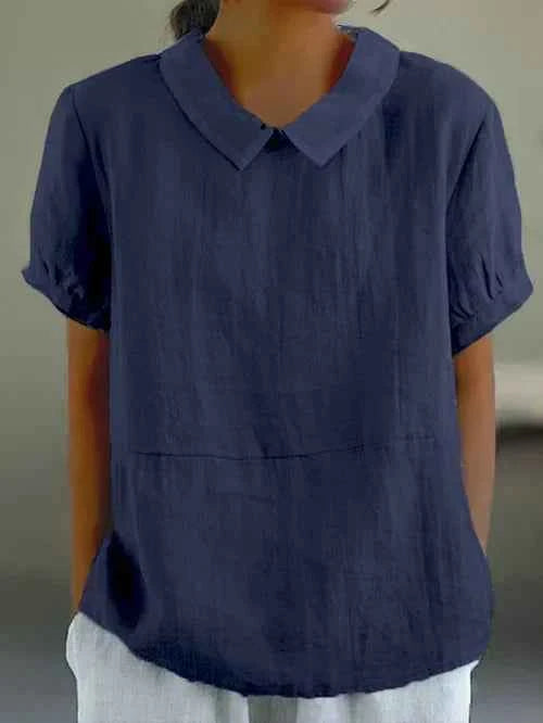 Women's Short Sleeve Collared Linen Blouse Dark blue