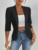 Women's Semi-Fitted Open Front Blazer with 3/4 Sleeves and Airy Eyelet Design Black