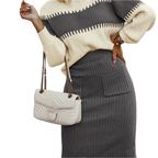 Women's Ribbed Twinset: Knitted Sweater & Pencil Skirt - Long Sleeve Comfort Fit Grey